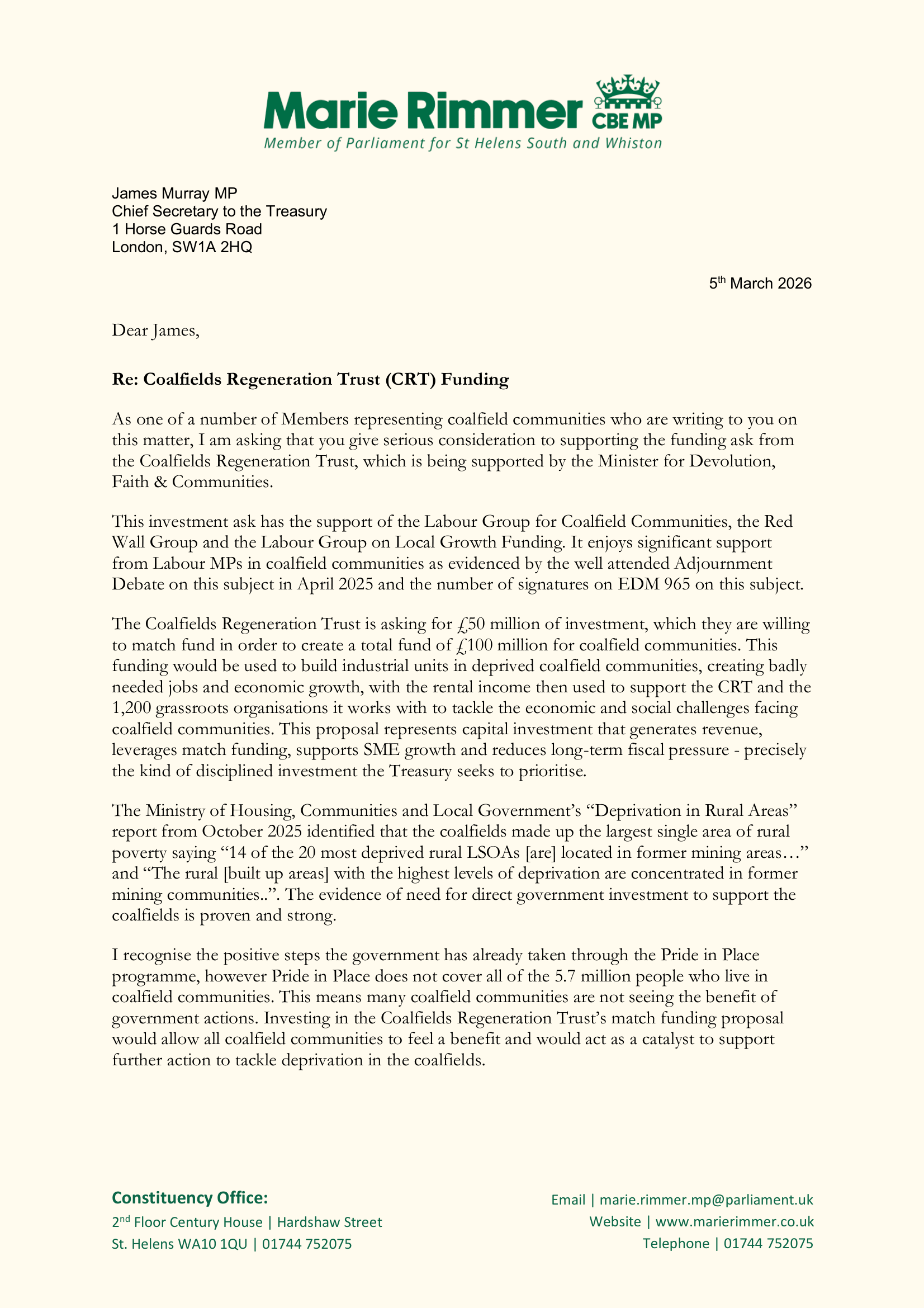 Marie writes to Government on coalfield regeneration - Marie Rimmer