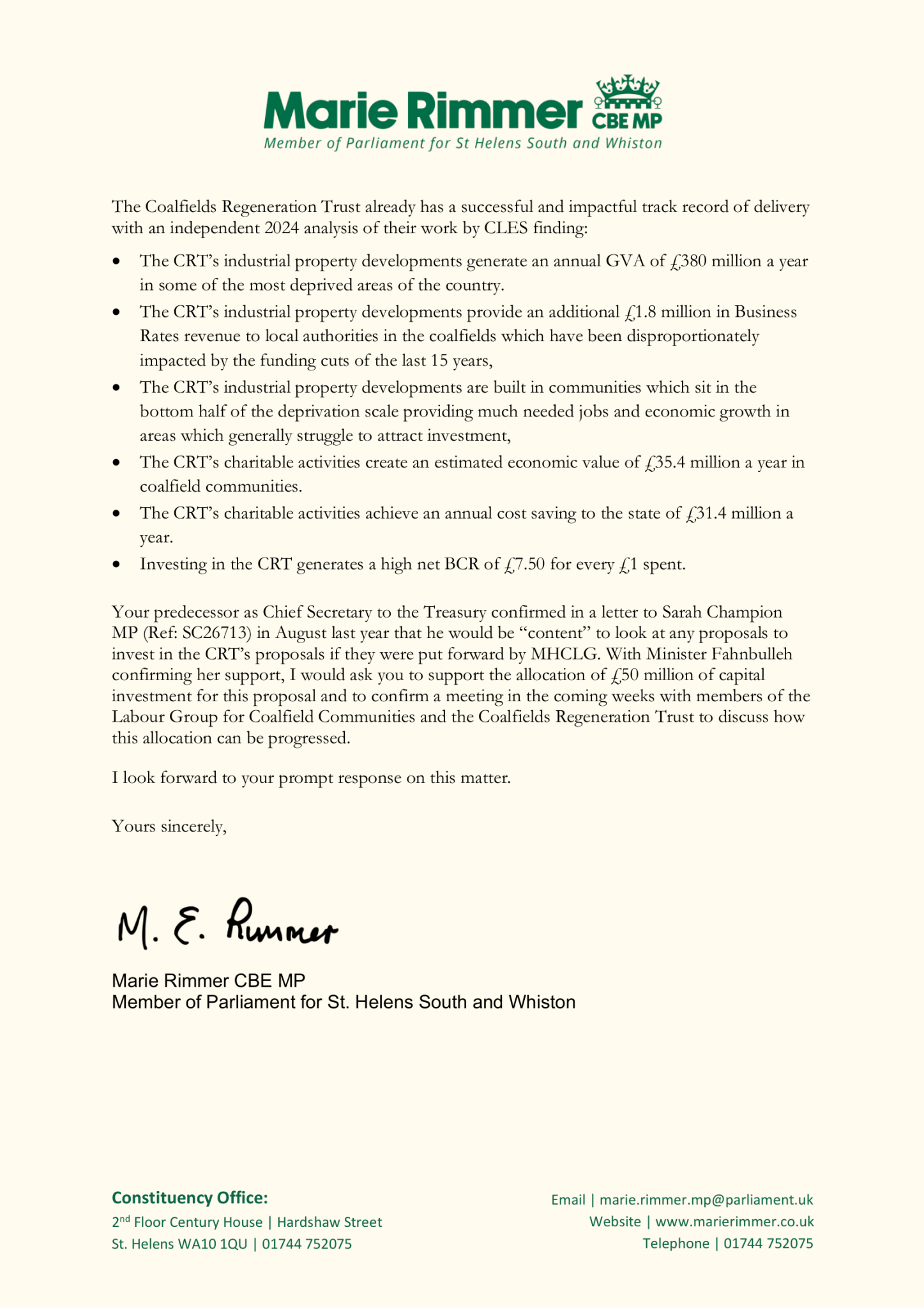 Marie writes to Government on coalfield regeneration - Marie Rimmer